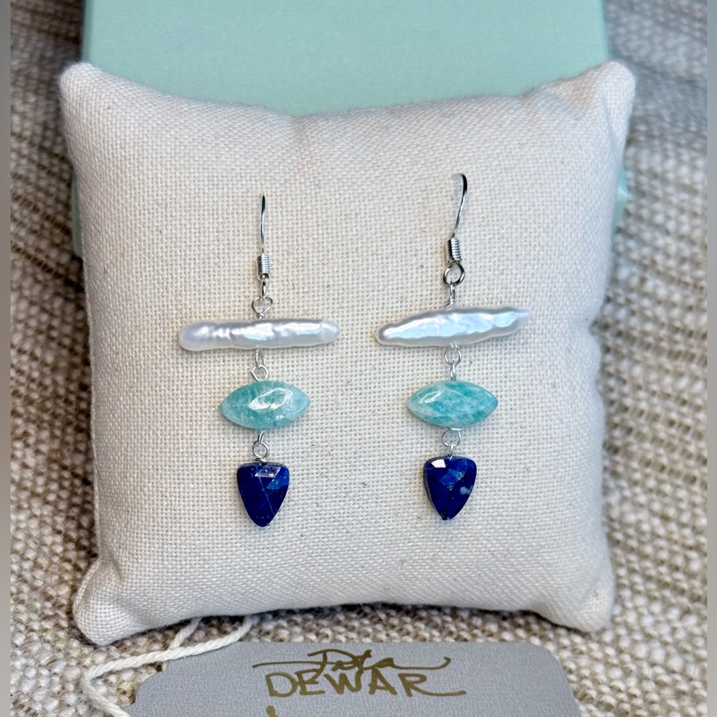 Sterling Silver, Pearl, Amazonite And Lapis Lazuli Blue Mix Dangle Earrings